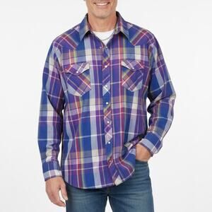 Vintage Wrangler Shirt Plaid Western Cowboy Pearl Snap Brushpopper Blue 3XL‎